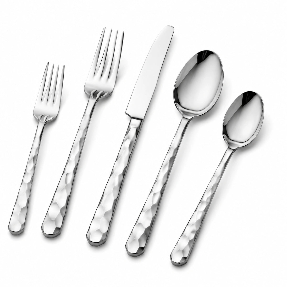Besteckset 5-teilig aus Edelstahl Silber mit gehämmerten Griffen