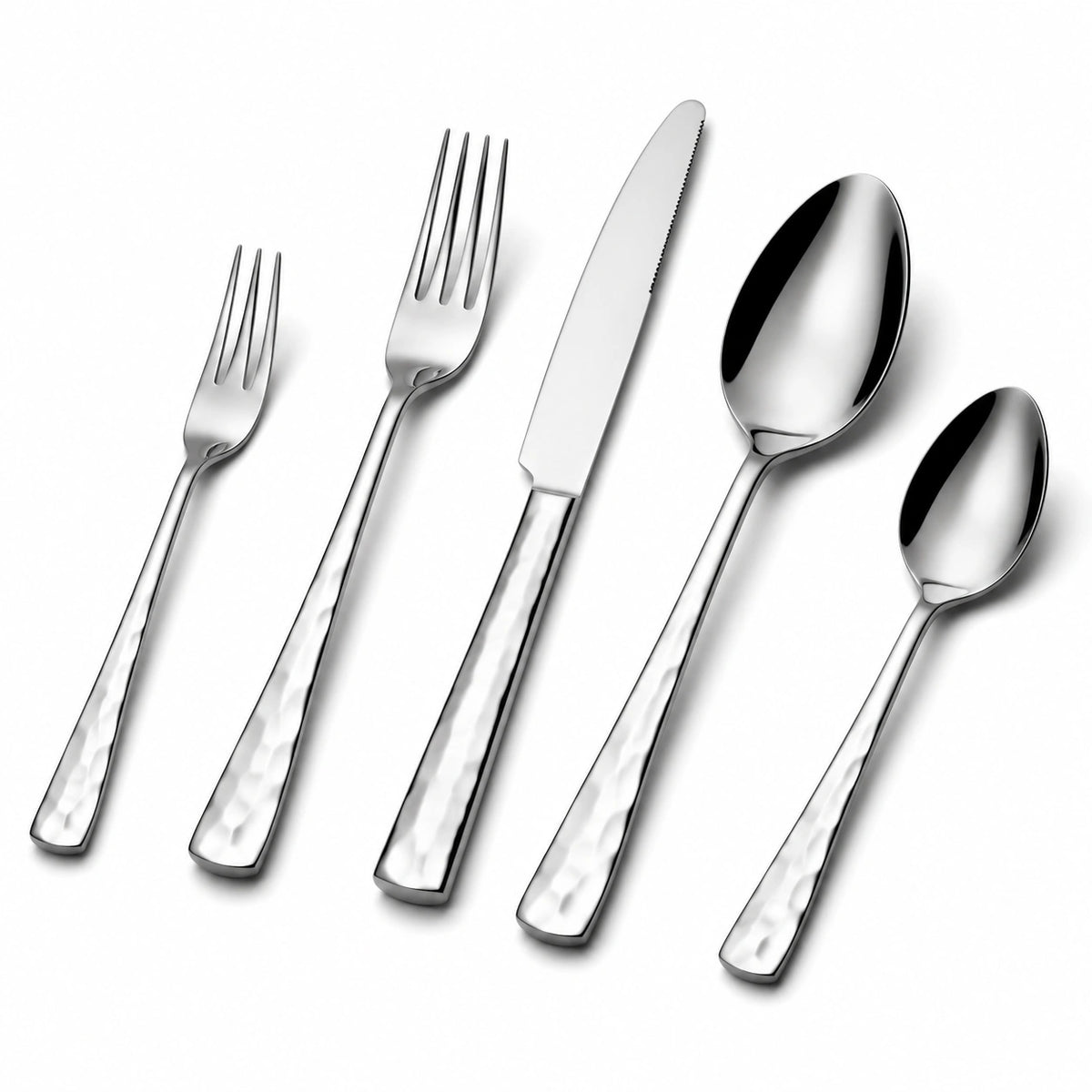 Besteckset 5-teilig bis 20 cm aus Edelstahl Silber mit gehämmerten Griffen