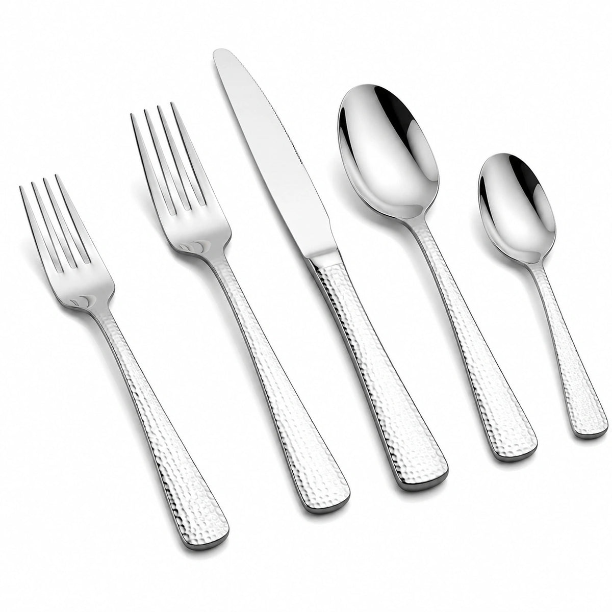 5-teiliges Besteckset 14-23 cm aus Edelstahl Silber mit gehämmerten Griffen