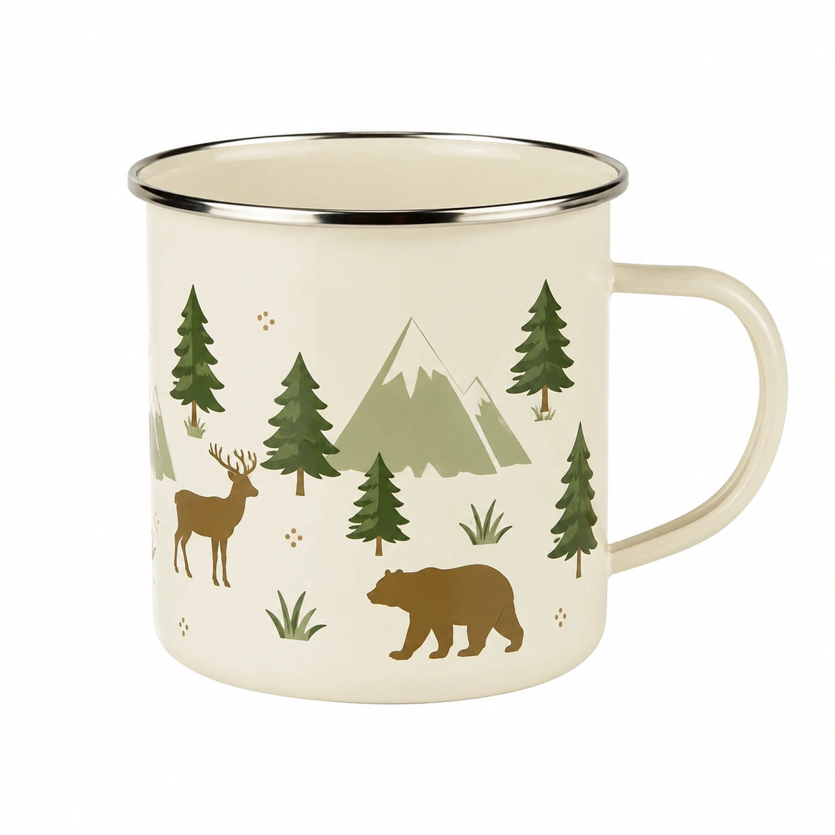 Trinkbecher 500 ml aus emailliertem Metall in Creme mit Waldmotiv