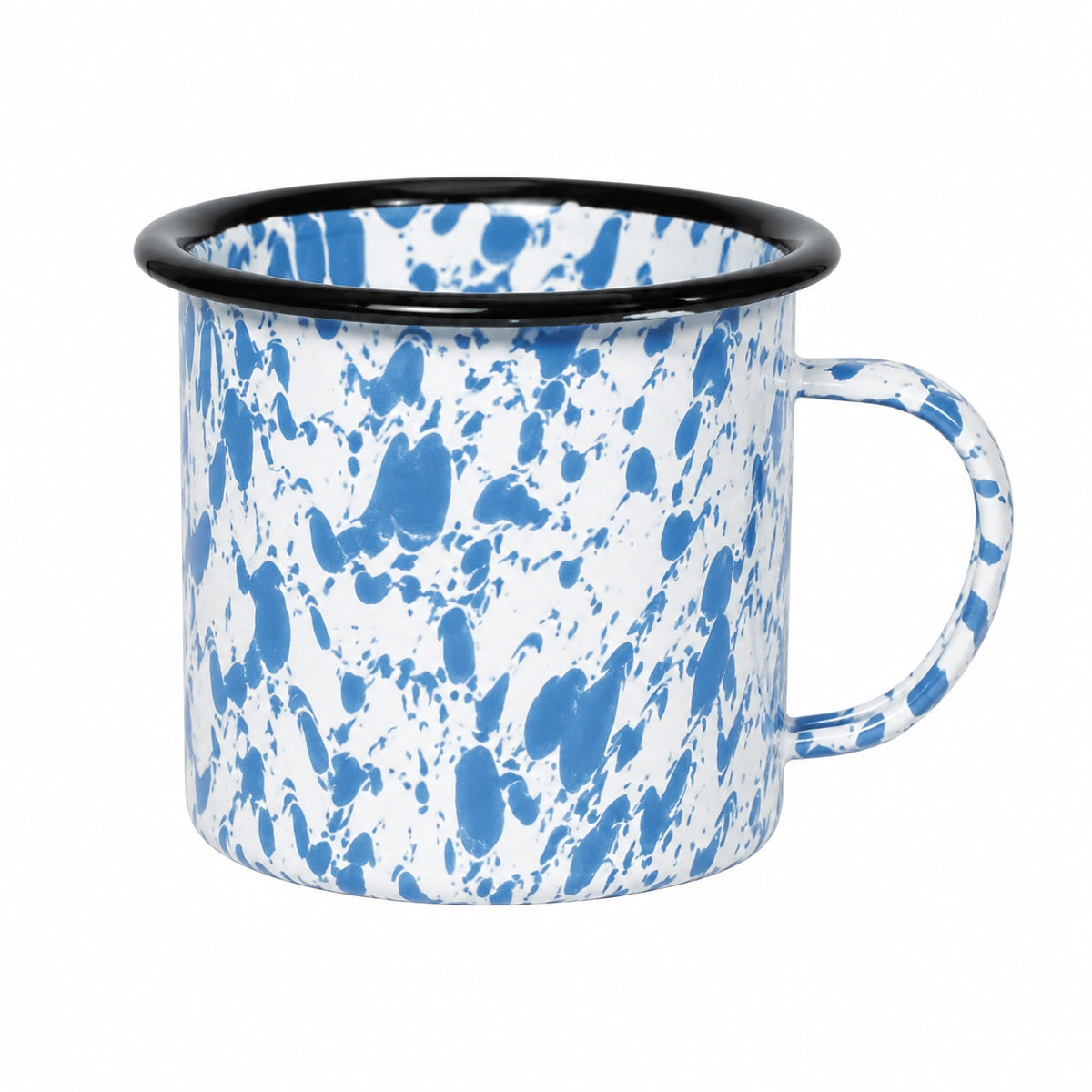 Emaillebecher 500 ml 10 cm x 9 cm Blau Weiß mit Sprenkelmuster und schwarzem Rand