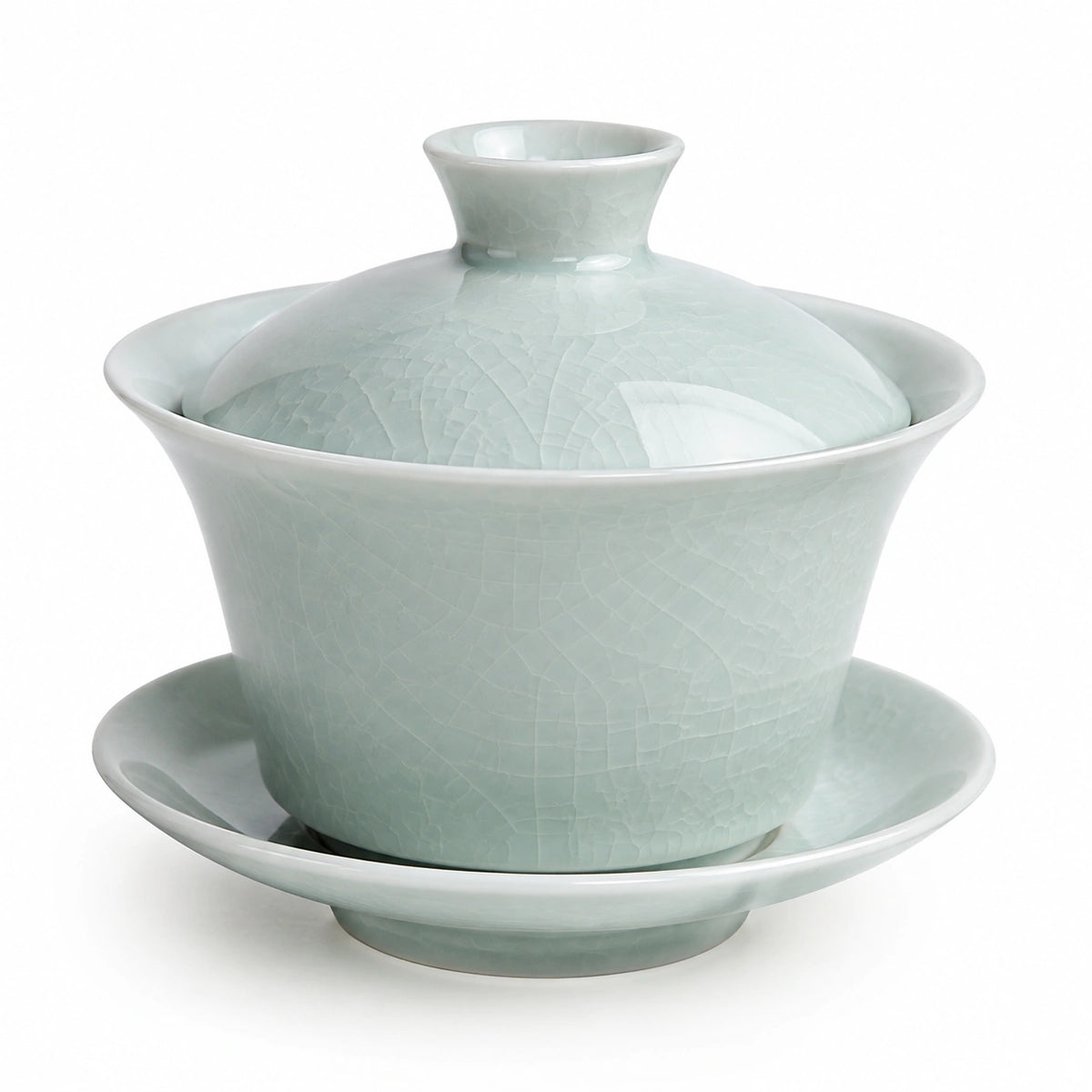 Gaiwan Teeschale 150 ml aus Porzellan Hellgrün mit Deckel und Craquelé Glasur