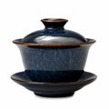 Gaiwan Teetasse 150 ml Keramik Blau Schwarz glasiert mit Deckel und Untertasse