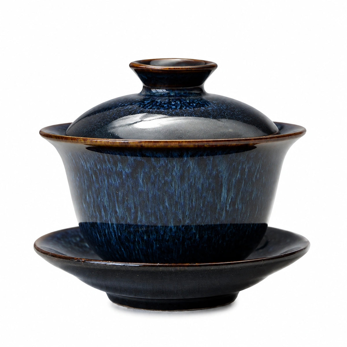 Gaiwan Teetasse 150 ml Keramik Blau Schwarz glasiert mit Deckel und Untertasse