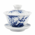 Gaiwan-Teetasse 120 ml 9.5 cm aus Porzellan Blau Weiß mit Deckel und Bambusblüten-Dekor