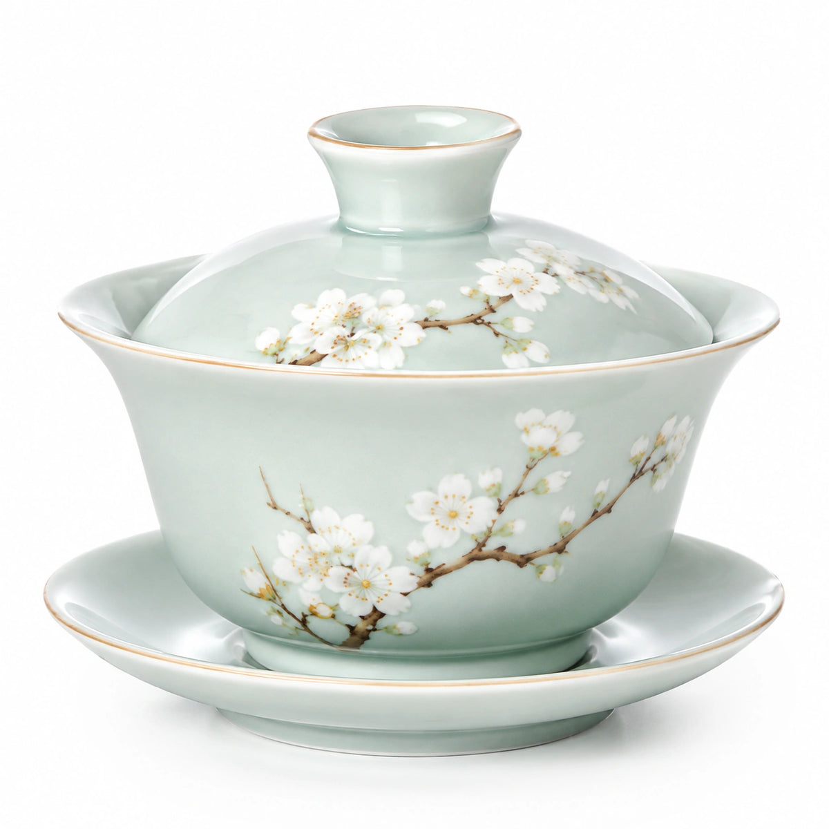 Porzellan Gaiwan Teetasse 150 ml Hellgrün mit Blütendekor und Deckel