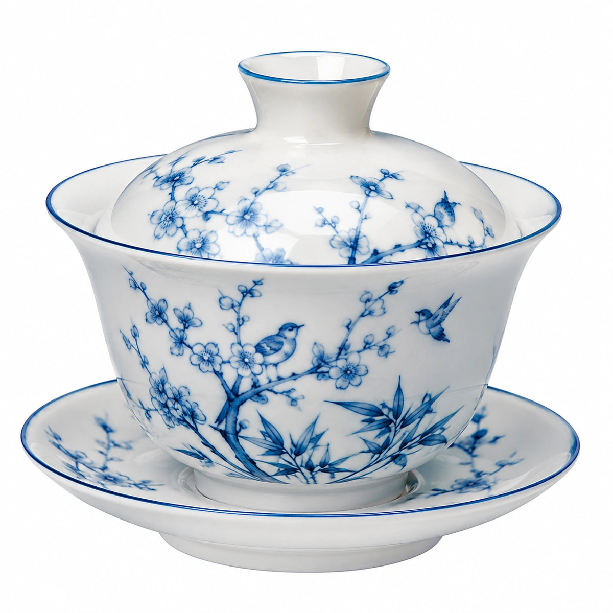 Porzellan Gaiwan Teeschale 150 ml Blau Weiß mit Deckel und Untertasse