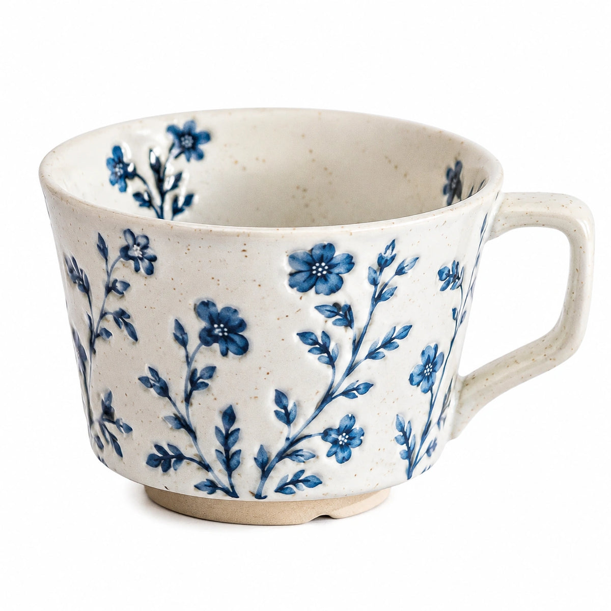 Keramiktasse 400 ml Cremeweiß Blau mit Blumenmuster für Kaffee und Tee